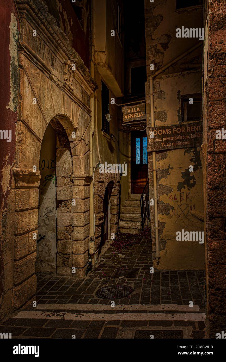 The spooky Moschon alley in the middle of the night in the old town of Chania, Crete, Greece, October 13, 2021 Stock Photo