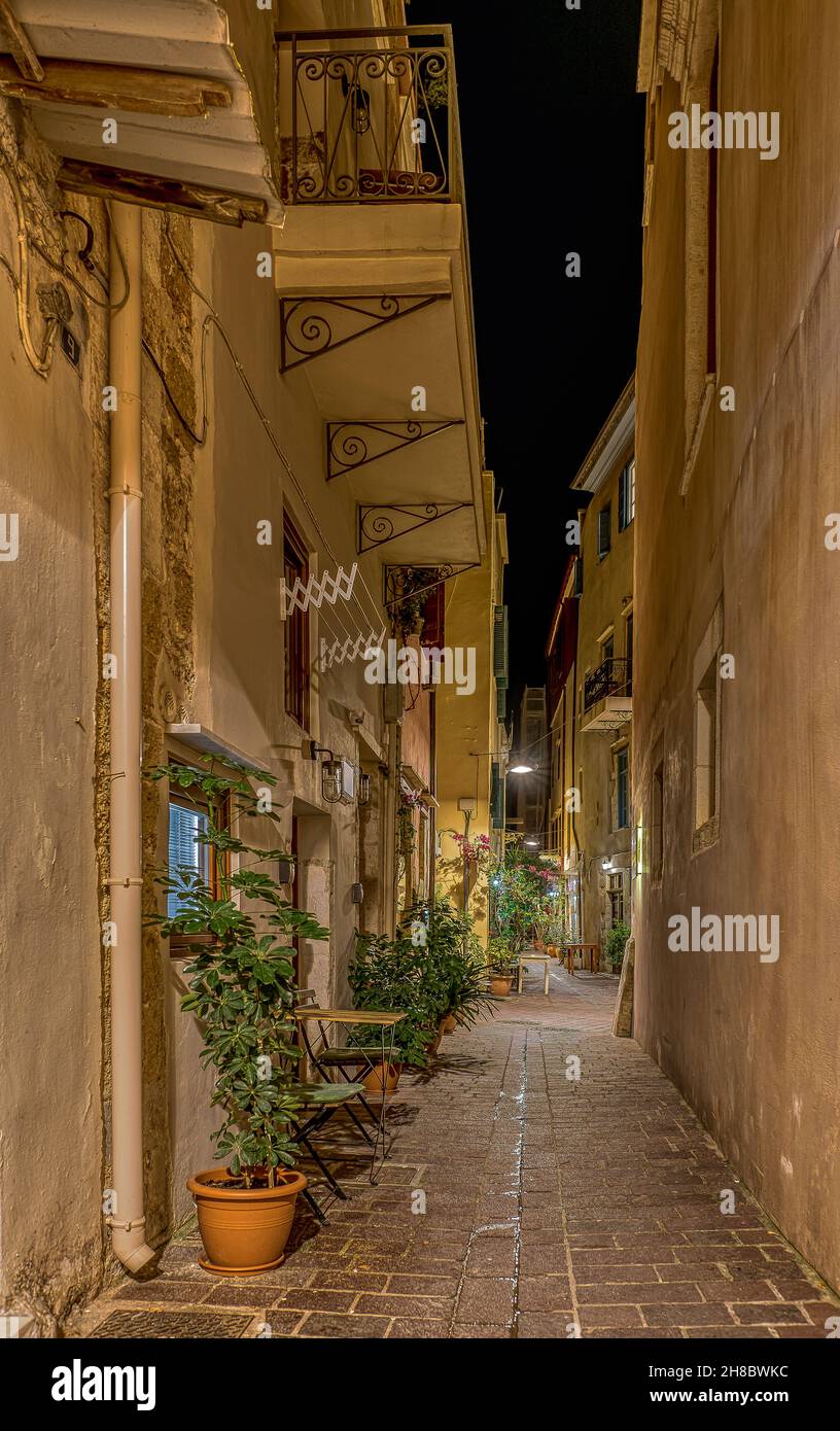 The romantic alley Sali Helidonaki at night in the old town of Chania, Crete, Greece, October 13, 2021 Stock Photo