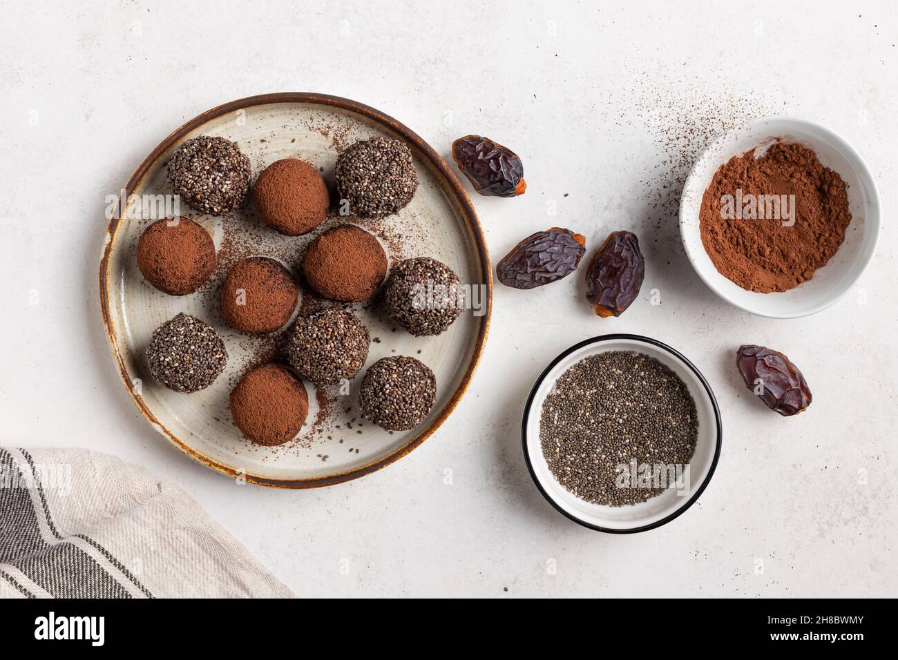 healthy energy balls with dates, chia seeds and cacao Stock Photo Alamy