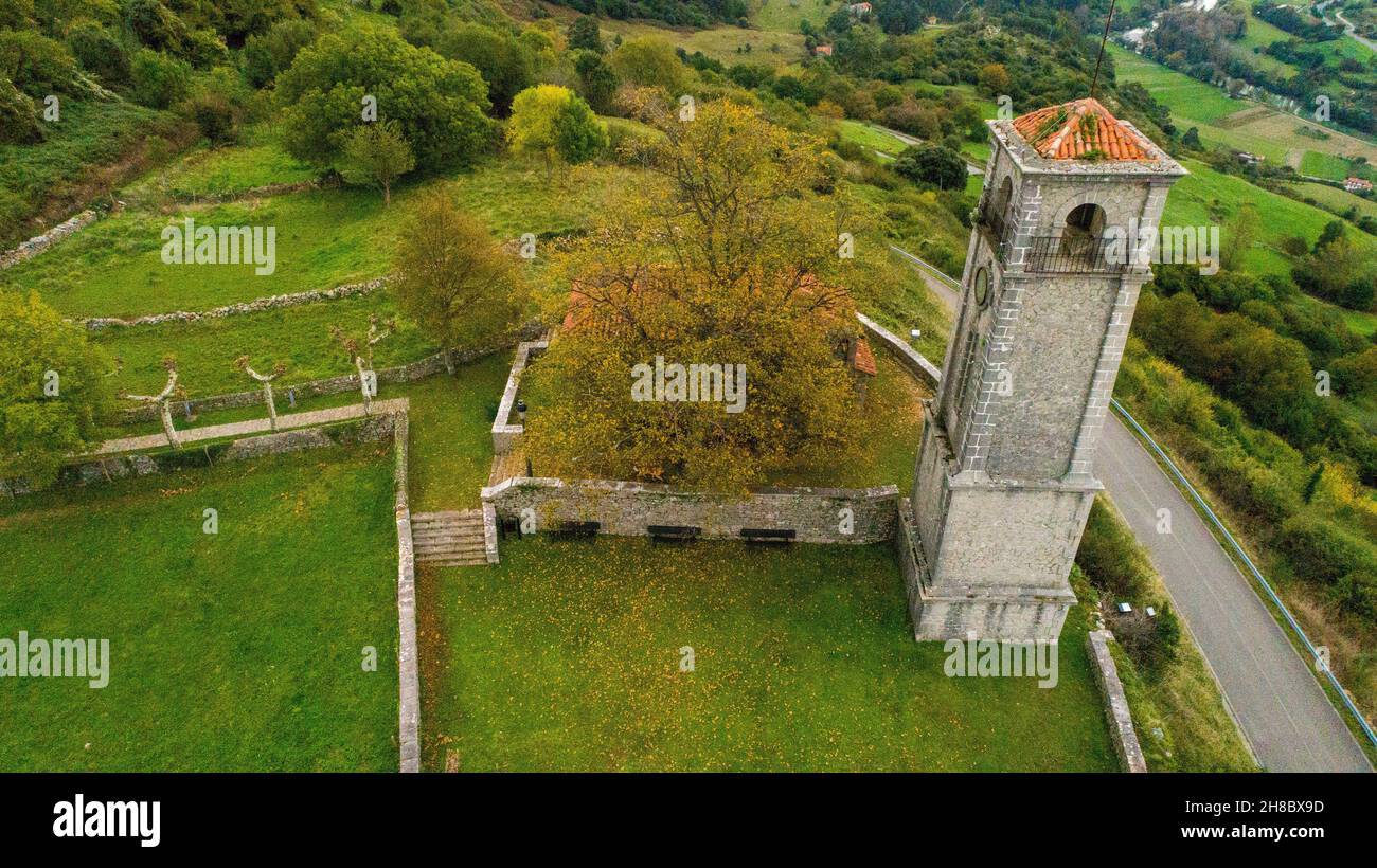 Aerial view of the Hermitage of San Antonio in Alevia - Asturias Stock Photo