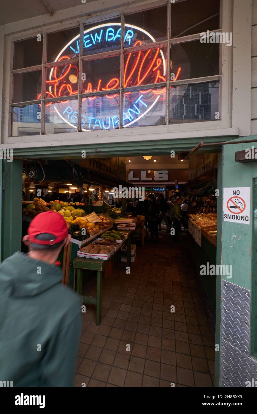 Entrance to public market with Lowell's bar sign, Seattle Washington Stock Photo