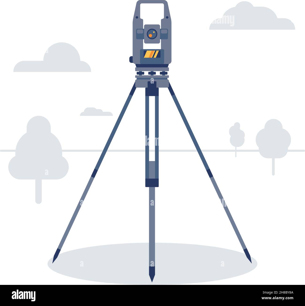 Geodetic instrument in a field with trees. Cadastral equipment. Theodolite. Vector Illustration. Stock Vector