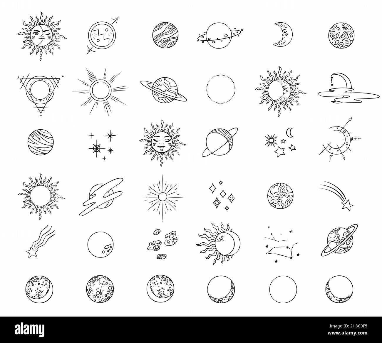 Esoteric symbols with the moon and the sun. Celestial signs. Vector illustration Stock Vector