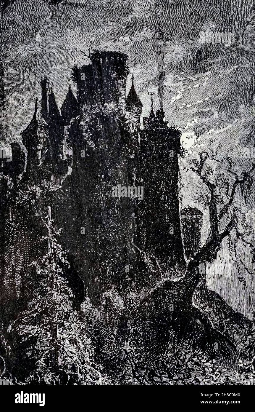 A castle deserted, haunted, and mysterious from ' The Carpathian Castle ' (or The castle of the Carpathians) by Jules, Verne, 1828-1905. May have been the inspiration for Dracula, Published in New York, by Merriam in 1894 In the village of Werst in the Carpathian mountains of Transylvania, some mysterious things are occurring and the villagers believe that Chort (the devil) occupies the castle. A visitor to the region, Count Franz de Telek, is intrigued by the stories and decides to go to the castle and investigate. He finds that the owner of the castle is Baron Rodolphe de Gortz, with whom he Stock Photo
