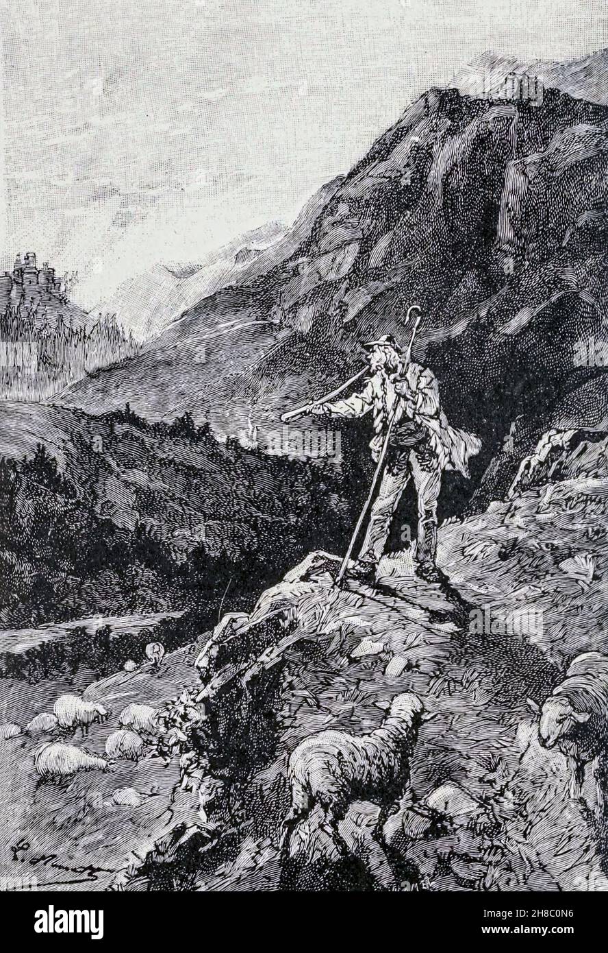Mustering his flock from ' The Carpathian Castle ' (or The castle of the Carpathians) by Jules, Verne, 1828-1905. May have been the inspiration for Dracula, Published in New York, by Merriam in 1894 In the village of Werst in the Carpathian mountains of Transylvania, some mysterious things are occurring and the villagers believe that Chort (the devil) occupies the castle. A visitor to the region, Count Franz de Telek, is intrigued by the stories and decides to go to the castle and investigate. He finds that the owner of the castle is Baron Rodolphe de Gortz, with whom he is acquainted; years e Stock Photo