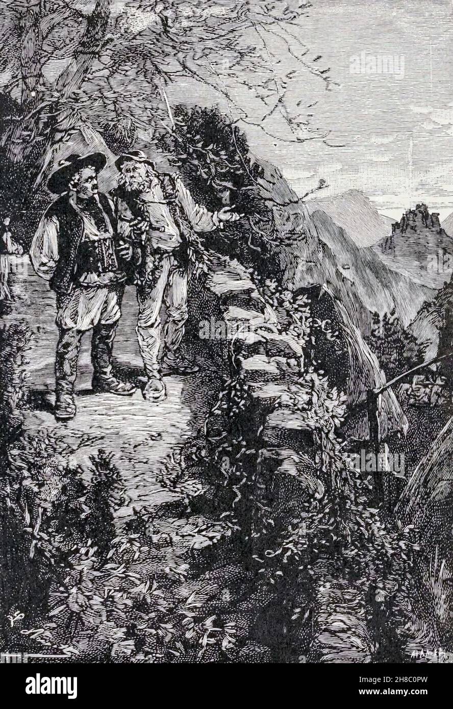 Frik held out the telescope to Master Koltz from ' The Carpathian Castle ' (or The castle of the Carpathians) by Jules, Verne, 1828-1905. May have been the inspiration for Dracula, Published in New York, by Merriam in 1894 In the village of Werst in the Carpathian mountains of Transylvania, some mysterious things are occurring and the villagers believe that Chort (the devil) occupies the castle. A visitor to the region, Count Franz de Telek, is intrigued by the stories and decides to go to the castle and investigate. He finds that the owner of the castle is Baron Rodolphe de Gortz, with whom h Stock Photo