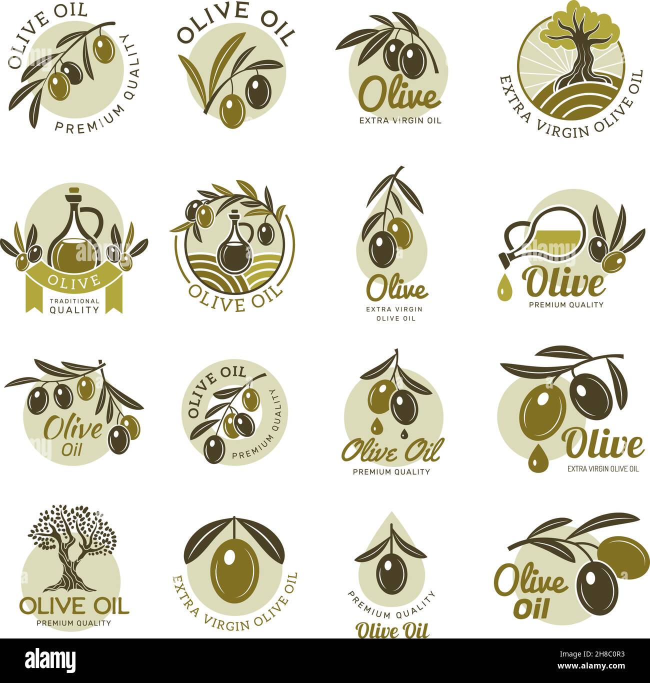 Olive products. Black oil food green plants fruit labels recent vector