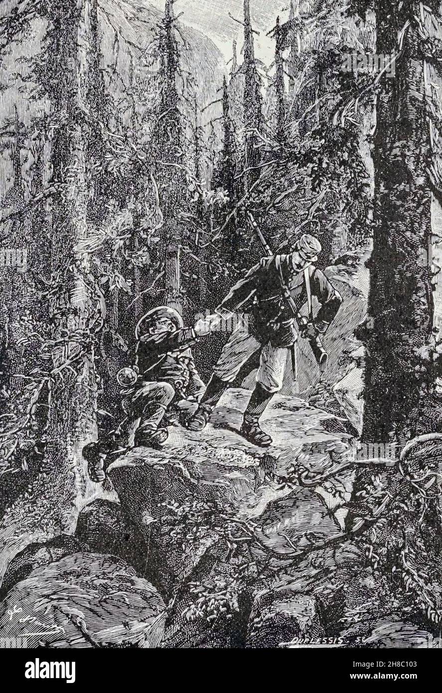 To help over rocks too high for his little legs from ' The Carpathian Castle ' (or The castle of the Carpathians) by Jules, Verne, 1828-1905. May have been the inspiration for Dracula, Published in New York, by Merriam in 1894 In the village of Werst in the Carpathian mountains of Transylvania, some mysterious things are occurring and the villagers believe that Chort (the devil) occupies the castle. A visitor to the region, Count Franz de Telek, is intrigued by the stories and decides to go to the castle and investigate. He finds that the owner of the castle is Baron Rodolphe de Gortz, with wh Stock Photo