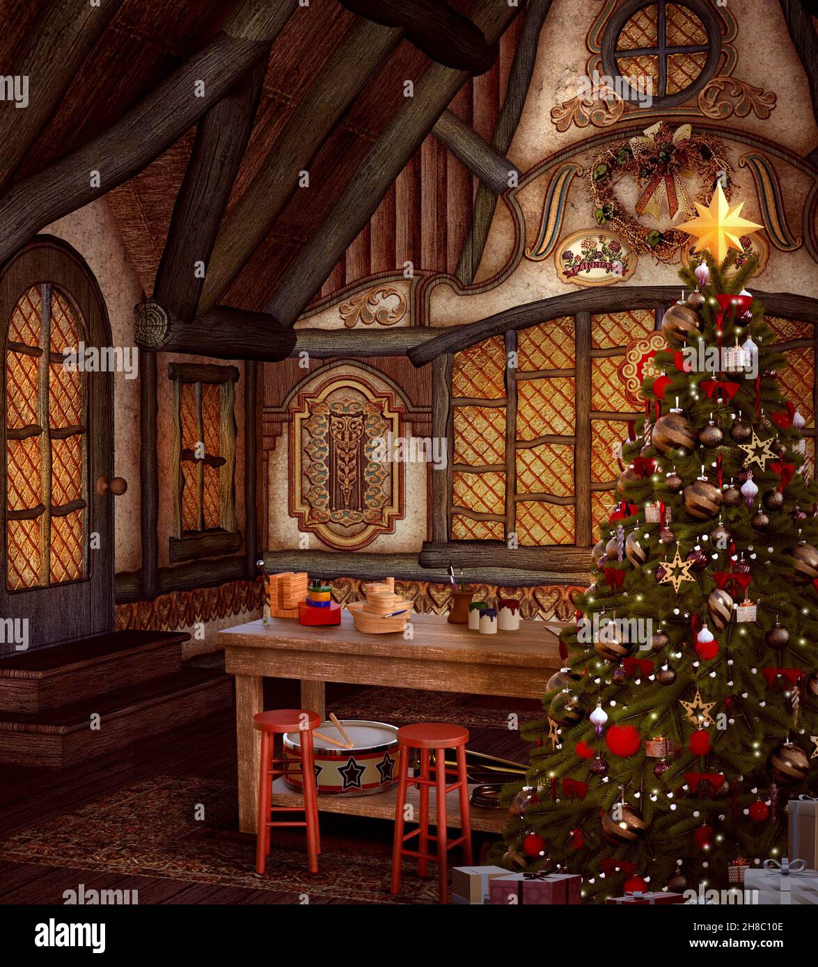 Old cottage interior with Santa working desk full of gift boxes and a beautiful Christmas tree with red baubles Stock Photo