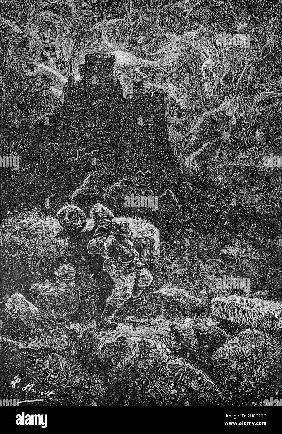 He heard the nyctalops from ' The Carpathian Castle ' (or The castle of the Carpathians) by Jules, Verne, 1828-1905. May have been the inspiration for Dracula, Published in New York, by Merriam in 1894 In the village of Werst in the Carpathian mountains of Transylvania, some mysterious things are occurring and the villagers believe that Chort (the devil) occupies the castle. A visitor to the region, Count Franz de Telek, is intrigued by the stories and decides to go to the castle and investigate. He finds that the owner of the castle is Baron Rodolphe de Gortz, with whom he is acquainted; year Stock Photo