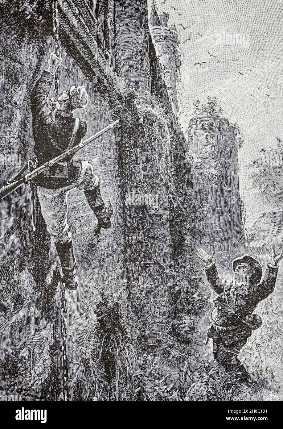 This was merely child’s play from ' The Carpathian Castle ' (or The castle of the Carpathians) by Jules, Verne, 1828-1905. May have been the inspiration for Dracula, Published in New York, by Merriam in 1894 In the village of Werst in the Carpathian mountains of Transylvania, some mysterious things are occurring and the villagers believe that Chort (the devil) occupies the castle. A visitor to the region, Count Franz de Telek, is intrigued by the stories and decides to go to the castle and investigate. He finds that the owner of the castle is Baron Rodolphe de Gortz, with whom he is acquainted Stock Photo