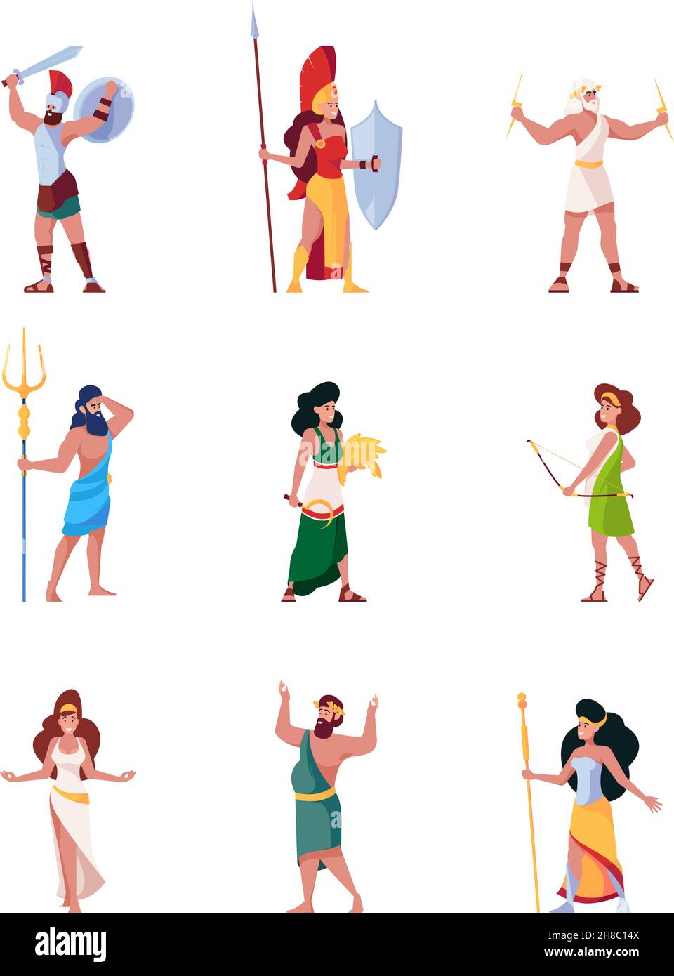 Ancient gods. Greek mythology pantheon characters hermes cupid hestia mars roman history olympus persons garish vector flat illustrations Stock Vector
