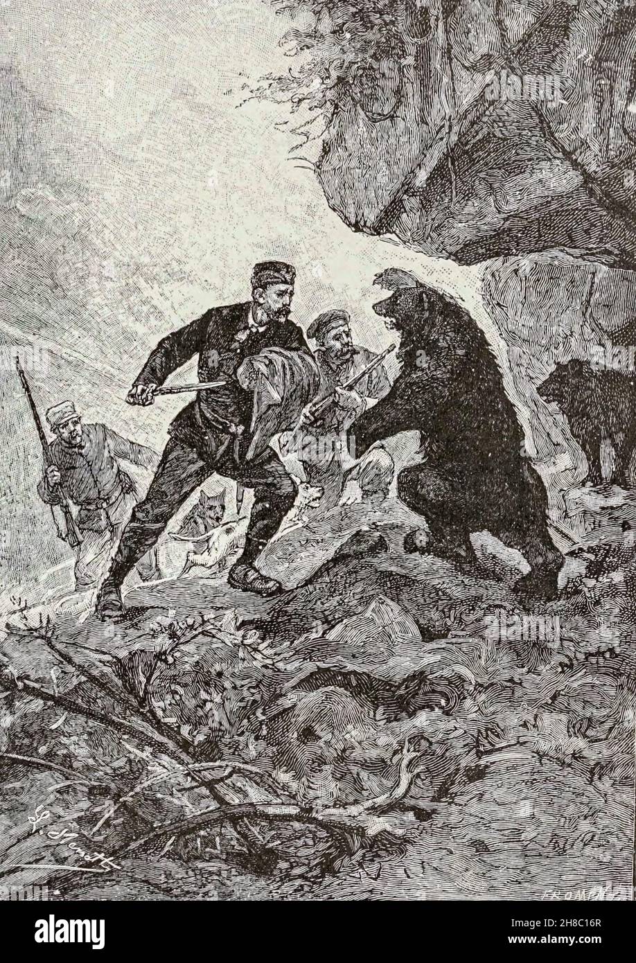 Attacking the wild beasts of the mountains from ' The Carpathian Castle ' (or The castle of the Carpathians) by Jules, Verne, 1828-1905. May have been the inspiration for Dracula, Published in New York, by Merriam in 1894 In the village of Werst in the Carpathian mountains of Transylvania, some mysterious things are occurring and the villagers believe that Chort (the devil) occupies the castle. A visitor to the region, Count Franz de Telek, is intrigued by the stories and decides to go to the castle and investigate. He finds that the owner of the castle is Baron Rodolphe de Gortz, with whom he Stock Photo