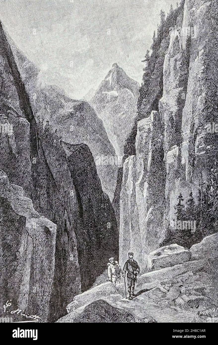Among the Vulkan defiles from ' The Carpathian Castle ' (or The castle of the Carpathians) by Jules, Verne, 1828-1905. May have been the inspiration for Dracula, Published in New York, by Merriam in 1894 In the village of Werst in the Carpathian mountains of Transylvania, some mysterious things are occurring and the villagers believe that Chort (the devil) occupies the castle. A visitor to the region, Count Franz de Telek, is intrigued by the stories and decides to go to the castle and investigate. He finds that the owner of the castle is Baron Rodolphe de Gortz, with whom he is acquainted; ye Stock Photo