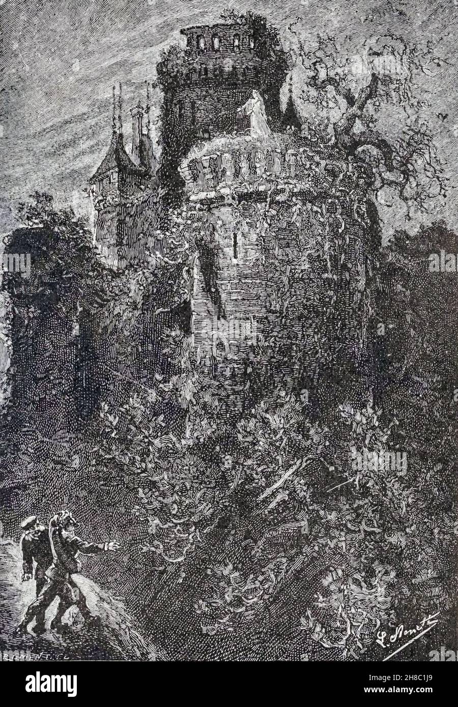 He would have rolled to the foot of the wall from ' The Carpathian Castle ' (or The castle of the Carpathians) by Jules, Verne, 1828-1905. May have been the inspiration for Dracula, Published in New York, by Merriam in 1894 In the village of Werst in the Carpathian mountains of Transylvania, some mysterious things are occurring and the villagers believe that Chort (the devil) occupies the castle. A visitor to the region, Count Franz de Telek, is intrigued by the stories and decides to go to the castle and investigate. He finds that the owner of the castle is Baron Rodolphe de Gortz, with whom Stock Photo