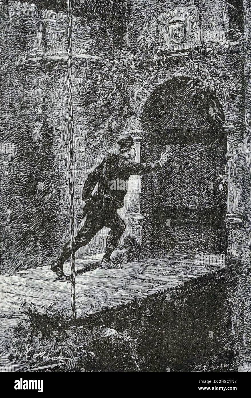 The drawbridge was down from ' The Carpathian Castle ' (or The castle of the Carpathians) by Jules, Verne, 1828-1905. May have been the inspiration for Dracula, Published in New York, by Merriam in 1894 In the village of Werst in the Carpathian mountains of Transylvania, some mysterious things are occurring and the villagers believe that Chort (the devil) occupies the castle. A visitor to the region, Count Franz de Telek, is intrigued by the stories and decides to go to the castle and investigate. He finds that the owner of the castle is Baron Rodolphe de Gortz, with whom he is acquainted; yea Stock Photo