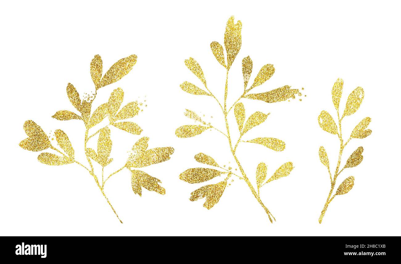 Golden glitter floral elements. Set of ficus branches and leaves in shiny foil. Botanical floral illustration for modern boho bouquets, wedding cards Stock Photo