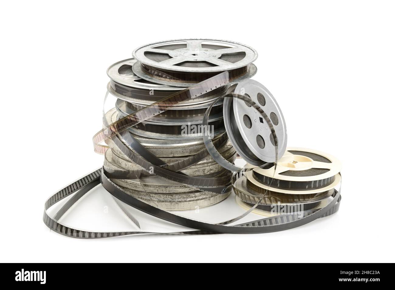 Film strip on metal reel isolated on white background Stock Photo