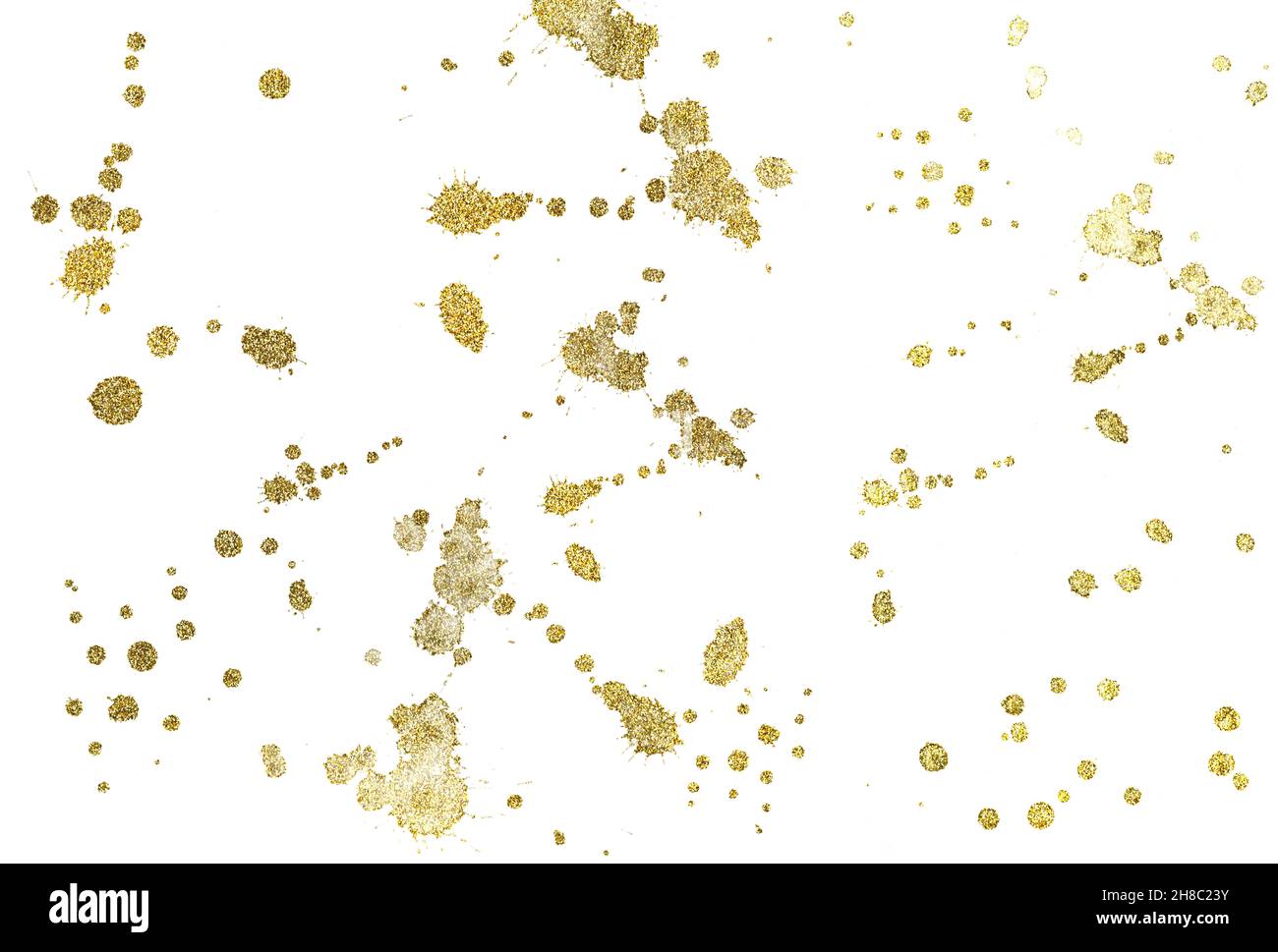 Golden glitter background. Drops of golden paint. Shiny foil illustration isolated on white. Abstract artwork  Stock Photo