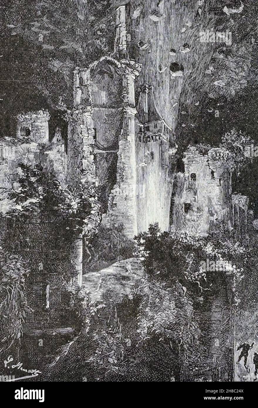 Sheaves of flame sprang to the clouds from ' The Carpathian Castle ' (or The castle of the Carpathians) by Jules, Verne, 1828-1905. May have been the inspiration for Dracula, Published in New York, by Merriam in 1894 In the village of Werst in the Carpathian mountains of Transylvania, some mysterious things are occurring and the villagers believe that Chort (the devil) occupies the castle. A visitor to the region, Count Franz de Telek, is intrigued by the stories and decides to go to the castle and investigate. He finds that the owner of the castle is Baron Rodolphe de Gortz, with whom he is a Stock Photo