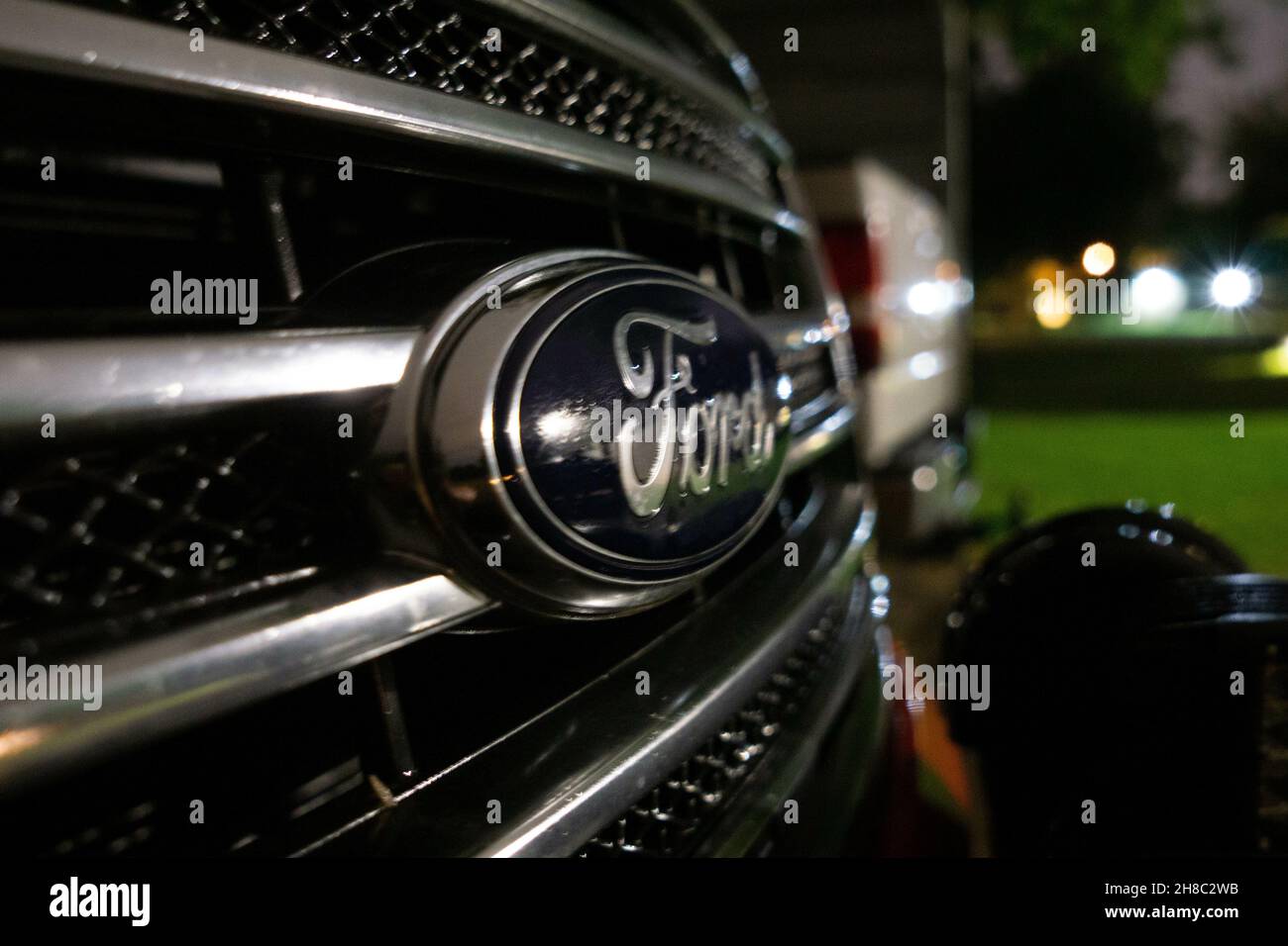 WESLACO, UNITED STATES - May 02, 2021: A selective focus shot of a Ford truck grill logo Stock Photo