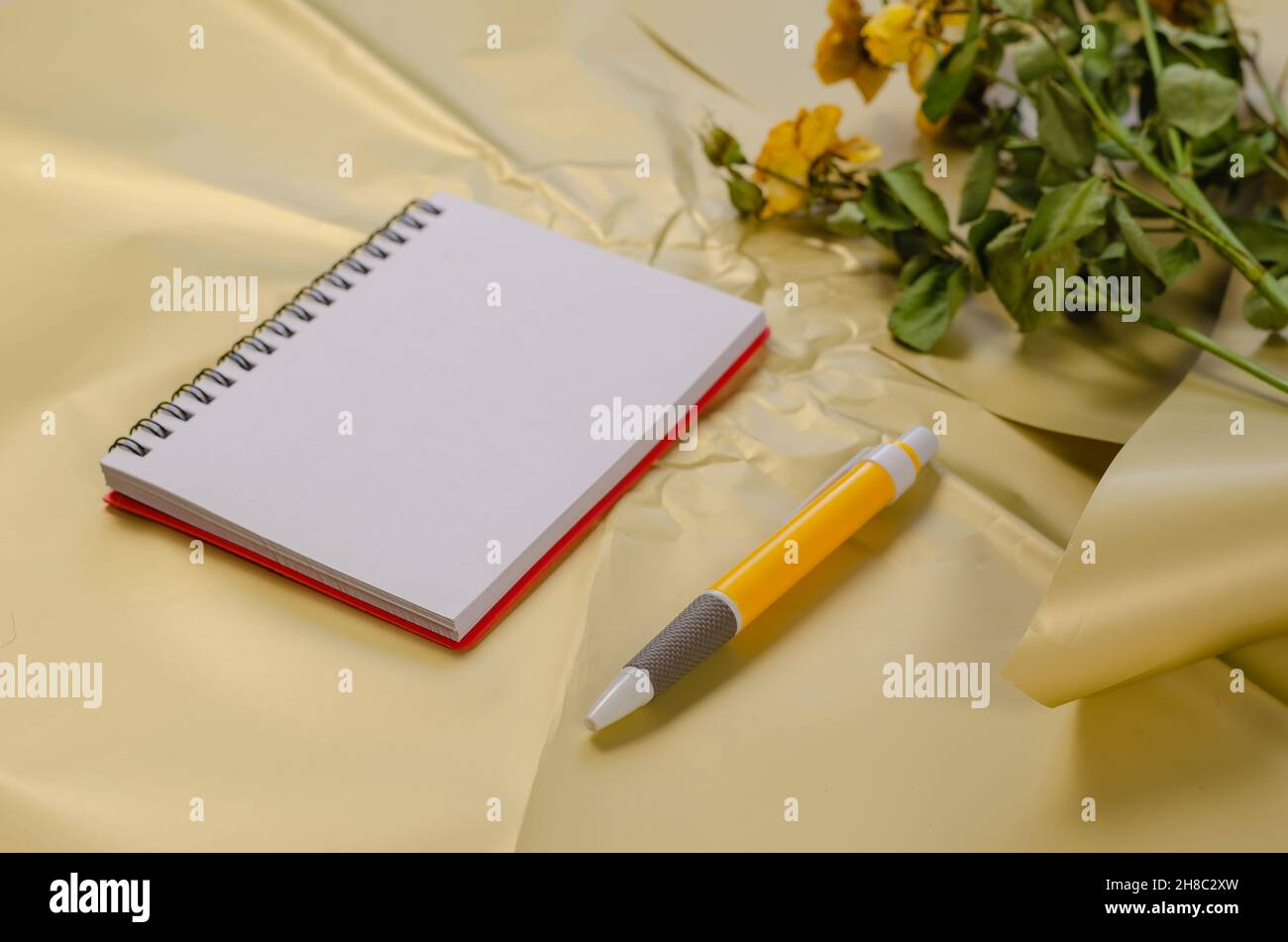 Open spring-loaded notepad with pen on cream surface. Fading Yellow ...