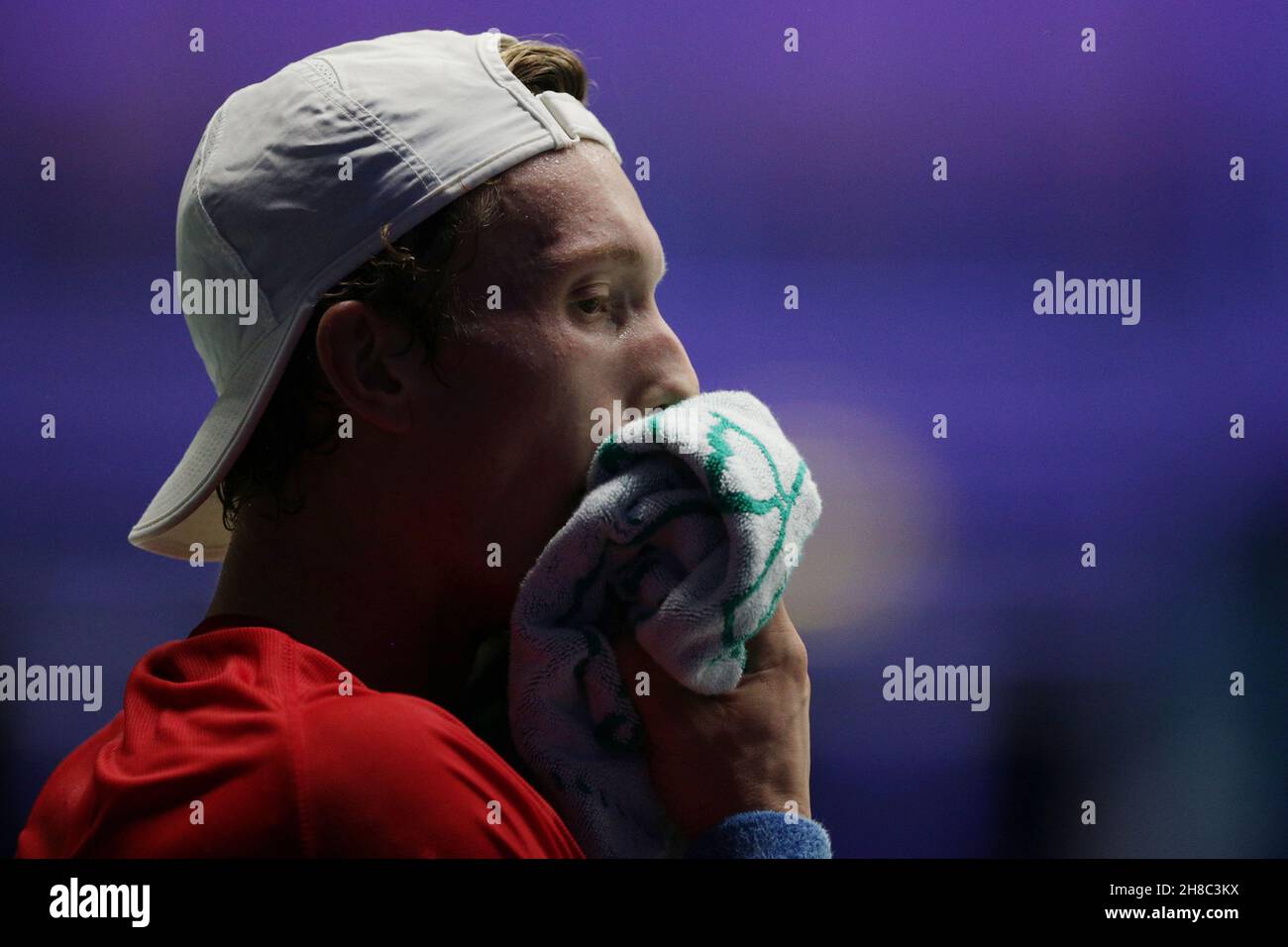 Czech Jiri Lehecka in action during the  Davis Cup group C match against Great Britain's Cameron Norrie between Great Britain and Czech Republic in In Stock Photo