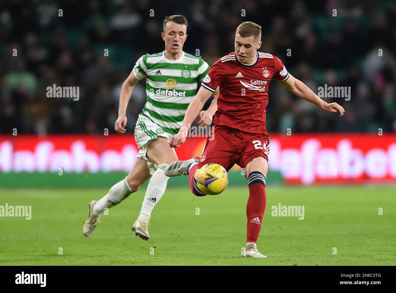 Glasgow, Scotland, 28th November 2021. David Turnbull of Celtic and Dean Campbell of Aberdeen  during the Scottish Premier League match at Celtic Park, Glasgow. Picture credit should read: Neil Hanna / Sportimage Credit: Sportimage/Alamy Live News Stock Photo