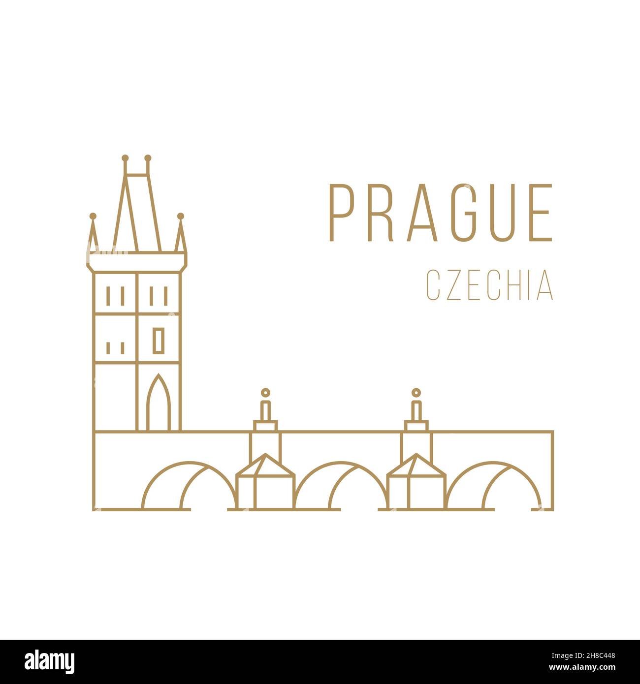 The landmark of Prague is the Charles Bridge in linear style. Stock Vector