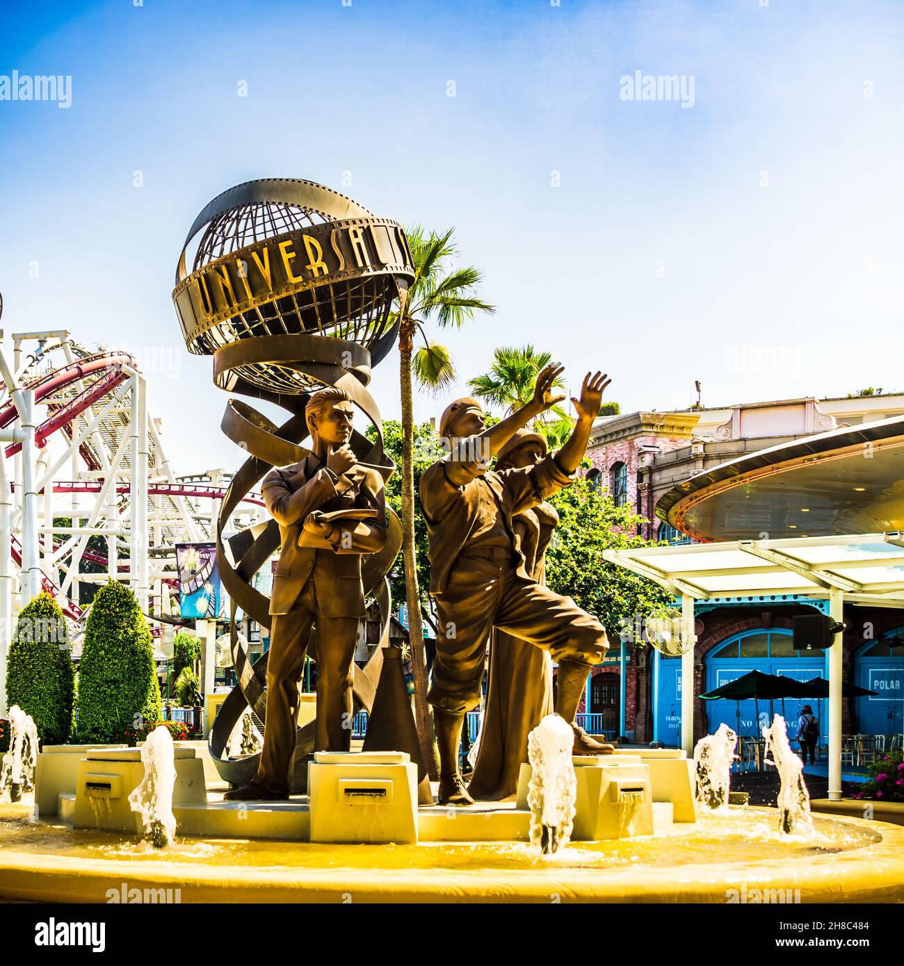 Statue of Universal Studios cinematographer and his team in Universal Studios Singapore. Stock Photo