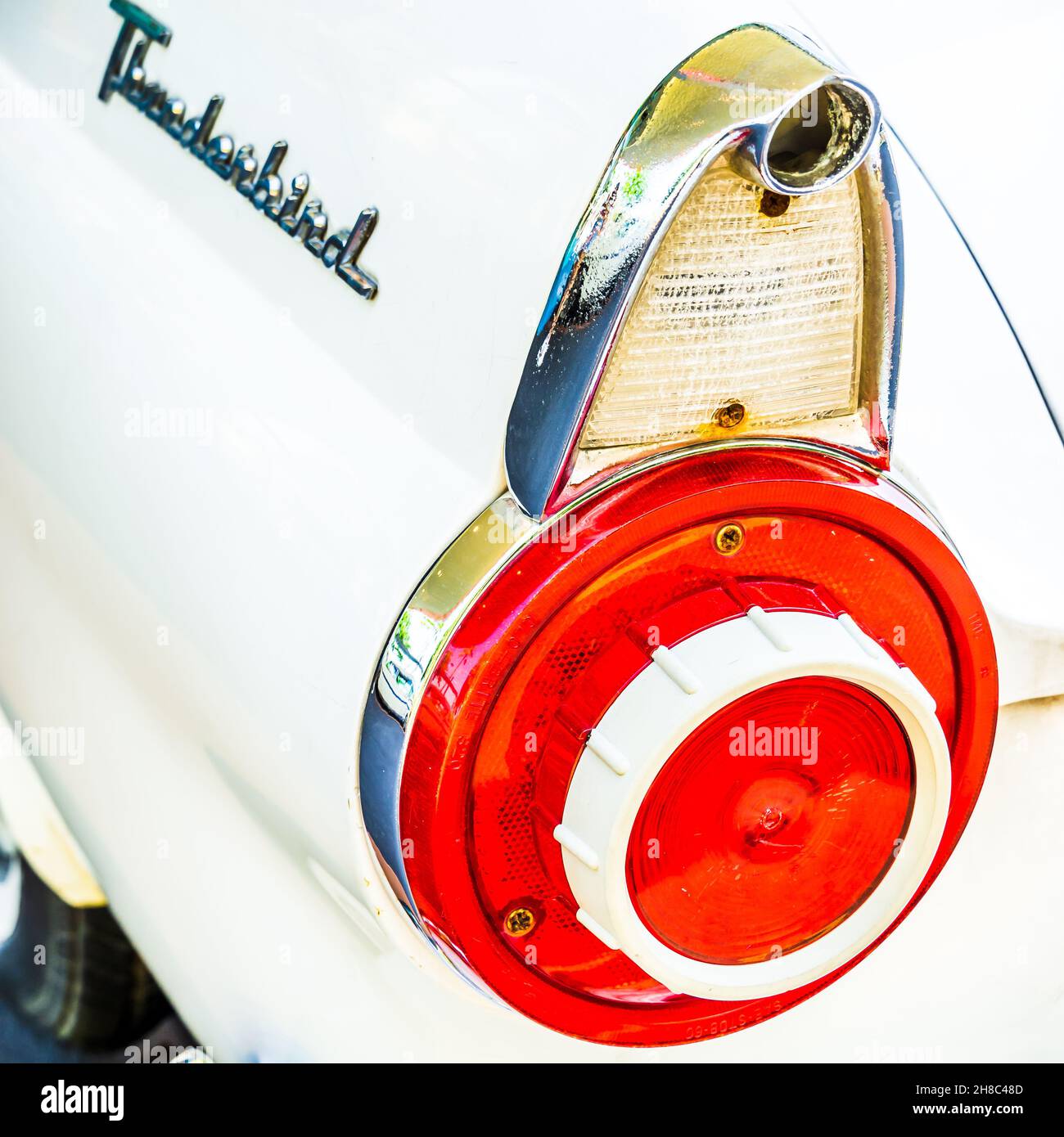 Tail light Close up of an atique white car in Universal Studios Singapore. Stock Photo