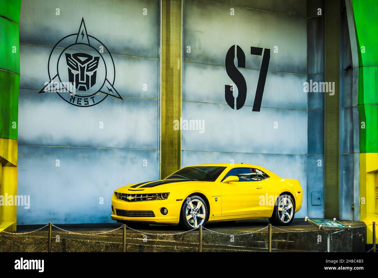Real Size Yellow Chevrolet Camaro Car or Bumblebee Robot in Transformers Movie on display in Universal Studios Singapore. Stock Photo