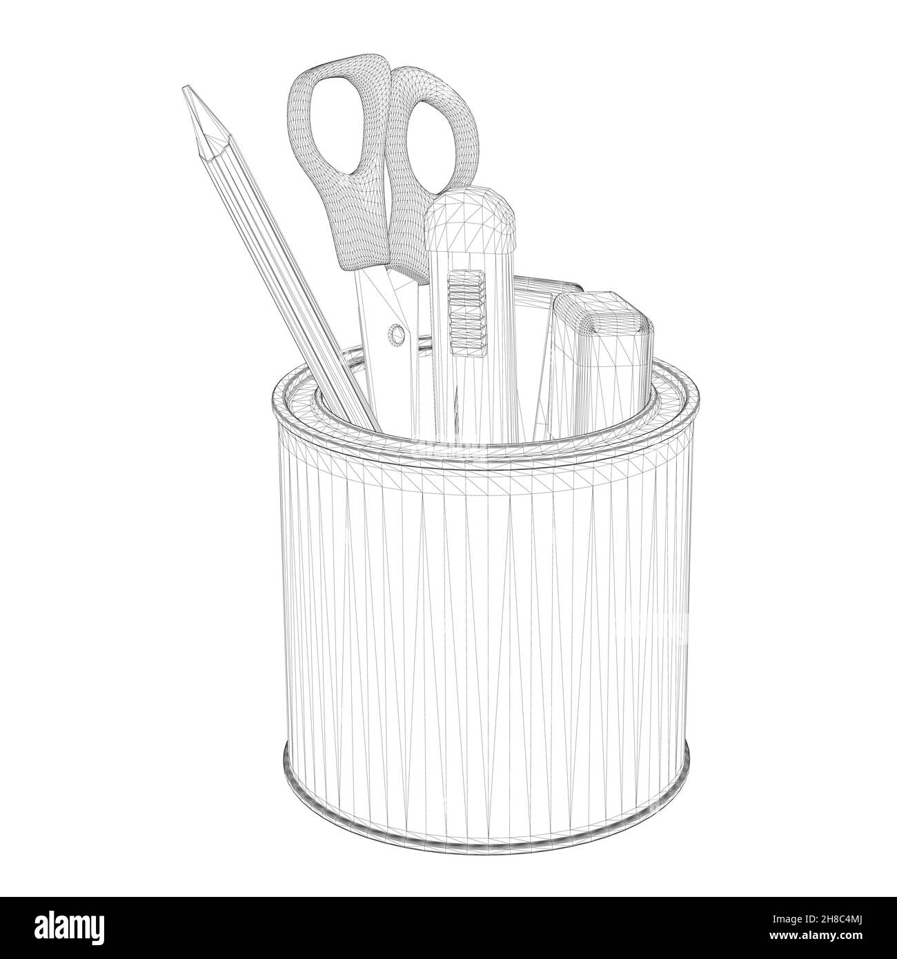 Pencil case wireframe with office supplies from black lines isolated on  white background. Scissors, pencils, stationery knife, flamasters. 3D.  Vector Stock Vector Image & Art - Alamy