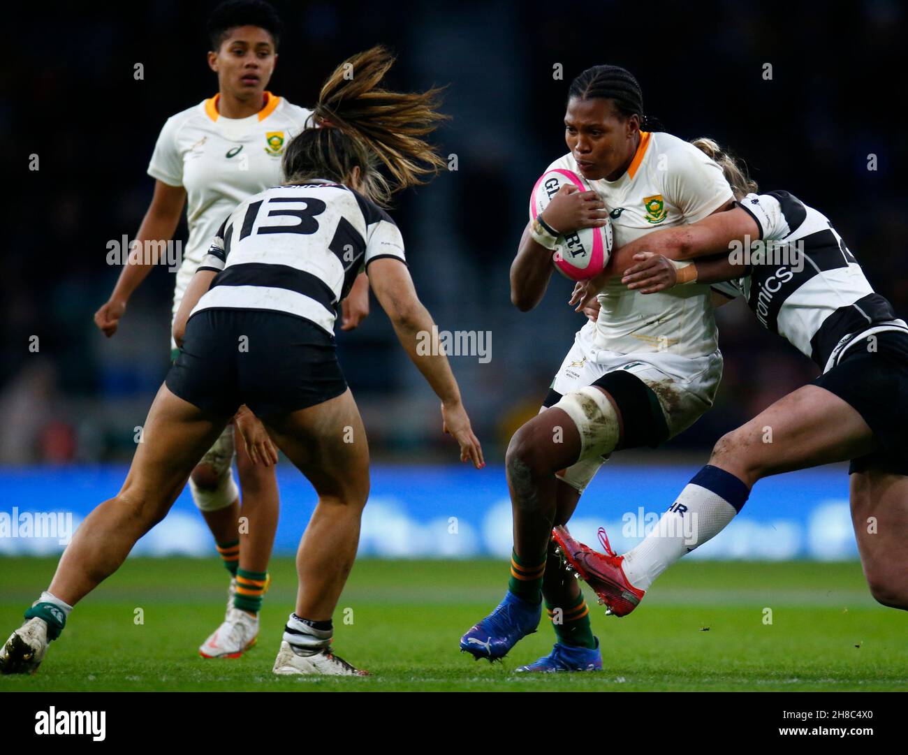 LONDON, ENGLAND - NOVEMBER  27:  Sinazo Mcatshulwa (DHL WP)of SpringBox Women in action during The Killik Cup match between Barbarians Women and Sprin Stock Photo