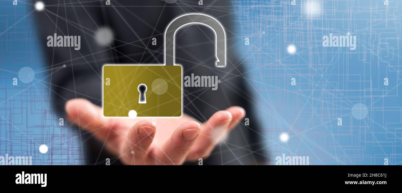 Cyber security concept above the hand of a man in background Stock ...