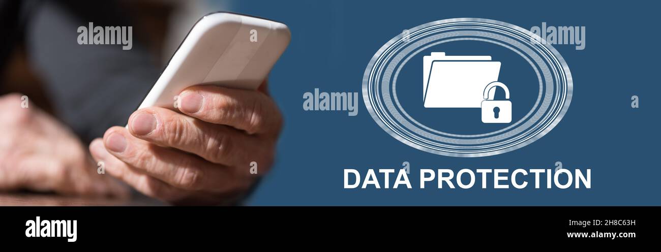 Hand holding mobil phone with data protection concept on background ...
