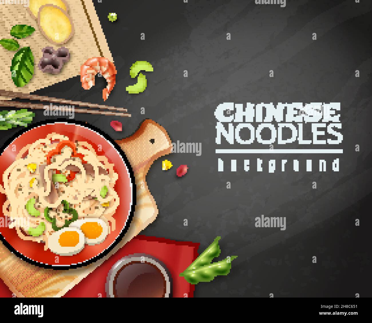 Realistic chinese noodles with egg and vegetables in plate on cutting