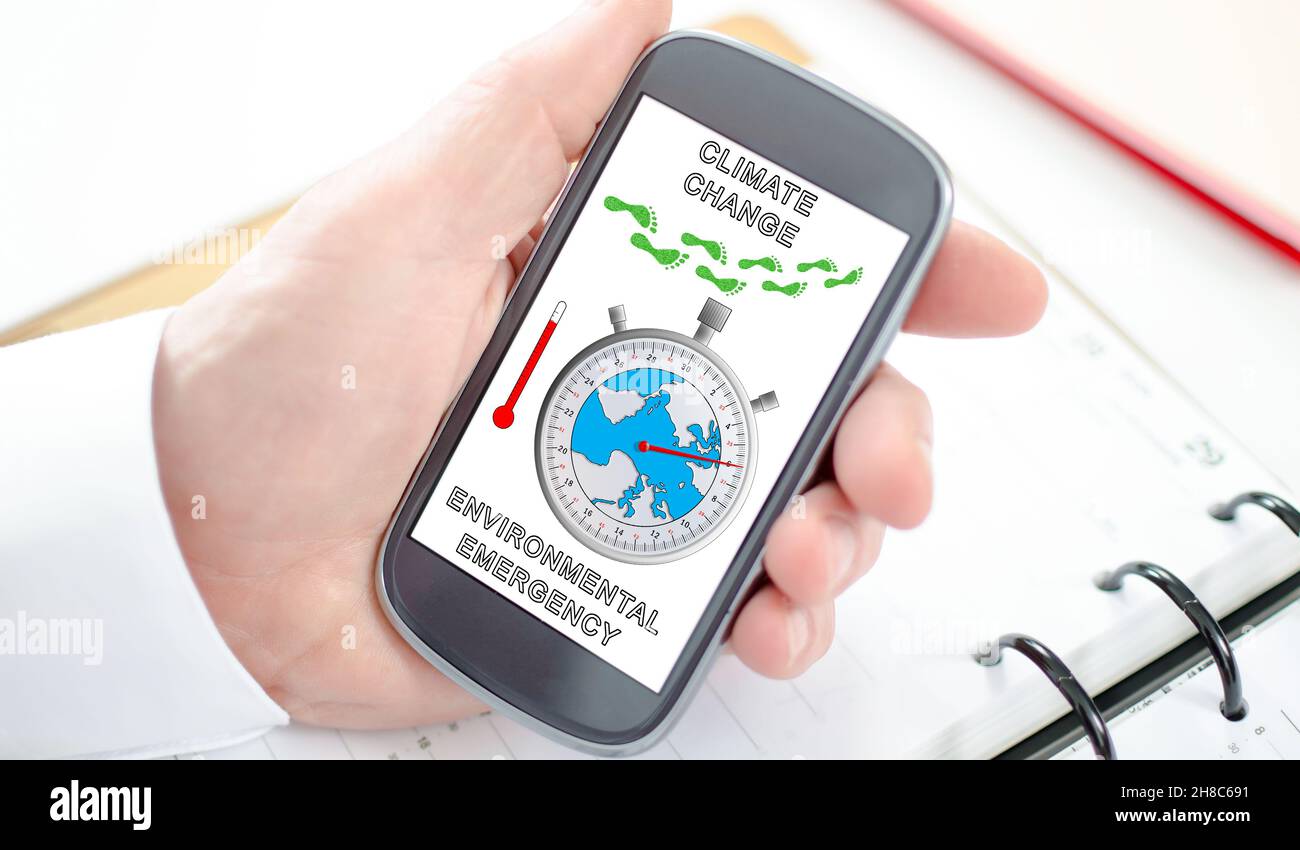 Global warming concept shown on a smartphone screen Stock Photo