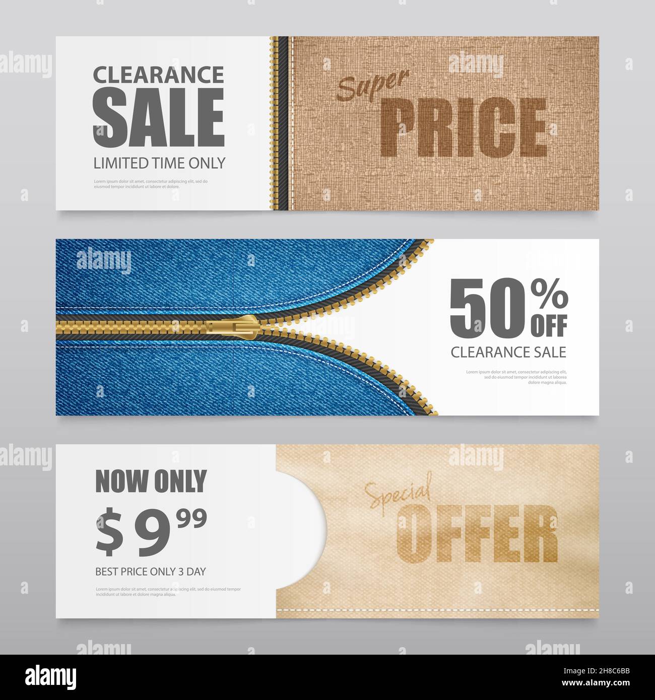 Cloth textile clearance sale special offer 3 horizontal advertisement banners with realistic fabric texture isolated vector illustration Stock Vector