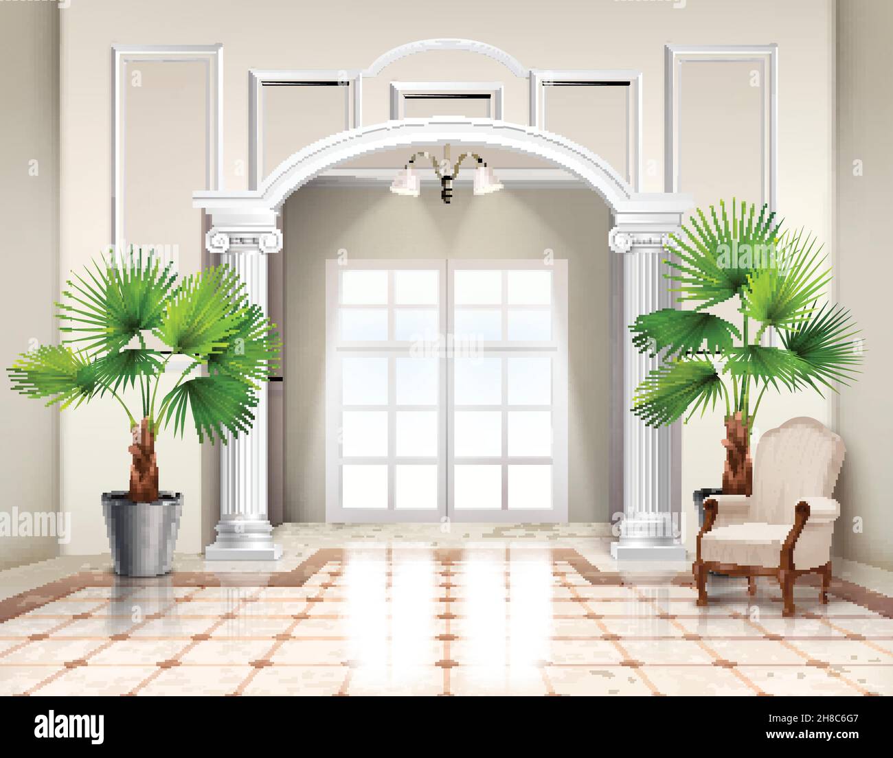Indoor potted fan palm trees as decorative houseplants in classic spacious vestibule interior design realistic vector illustration Stock Vector