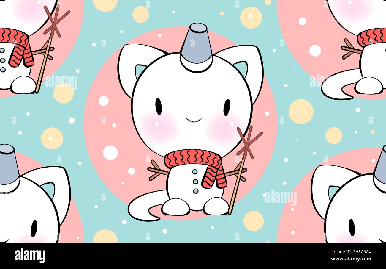 Seamless ornament with cute cat snowman in kawaii style. Vector pattern. Merry Christmas cats. Stock Vector