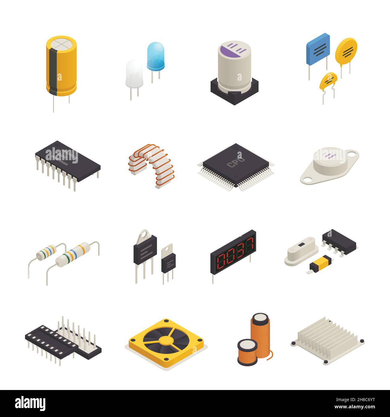 Semiconductor device electronic components isometric icons set with signal photo and transient