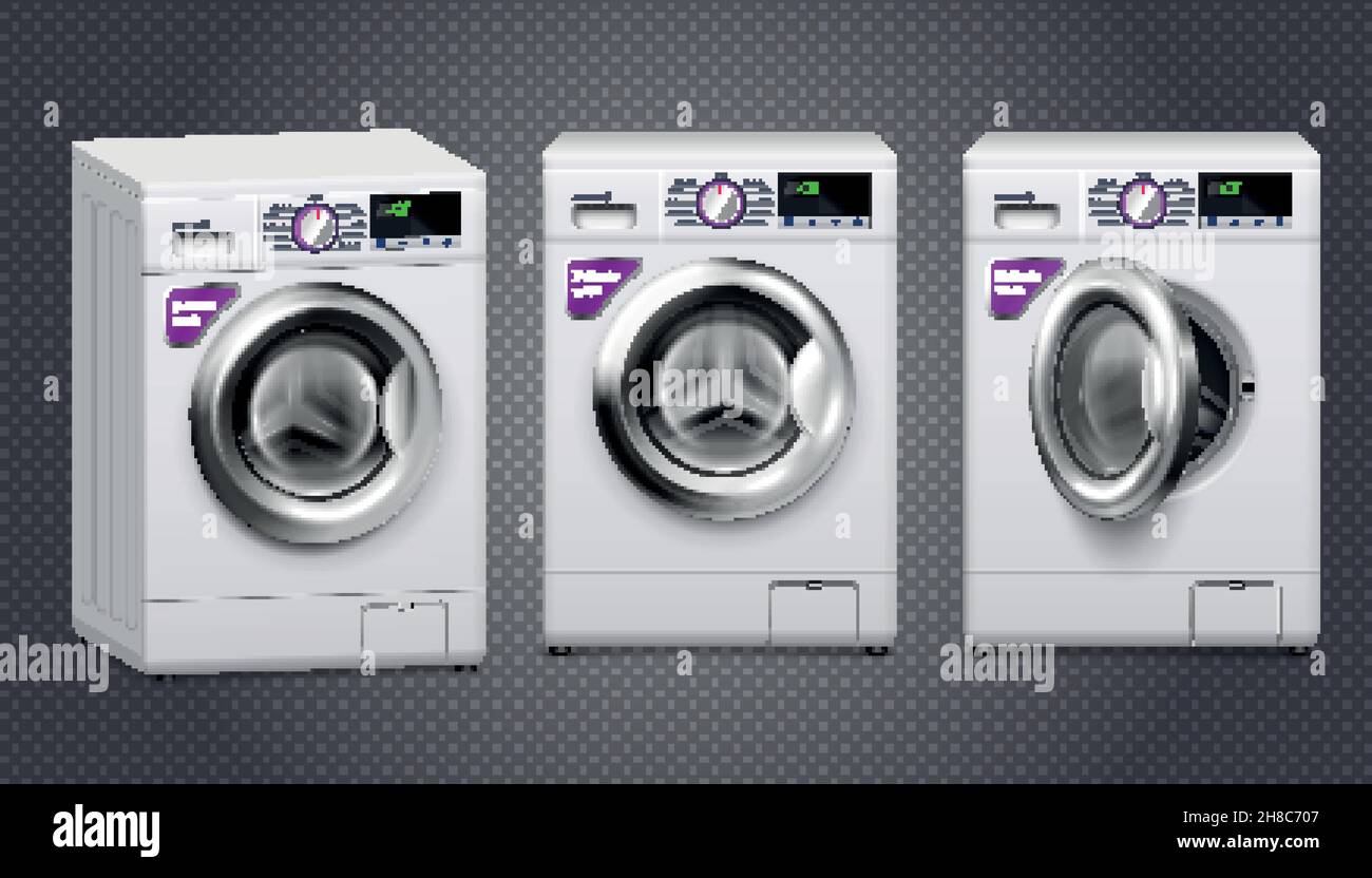 Three empty washing machines in white and silver color set isolated on