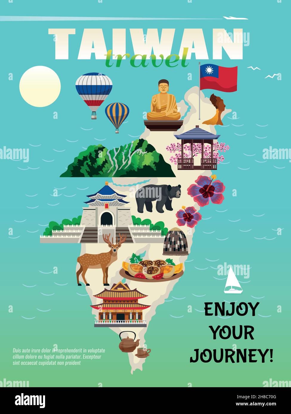 Taiwan travel country cultural map flat advertisement poster with national food sightseeing landmarks attractions symbols vector illustration Stock Vector