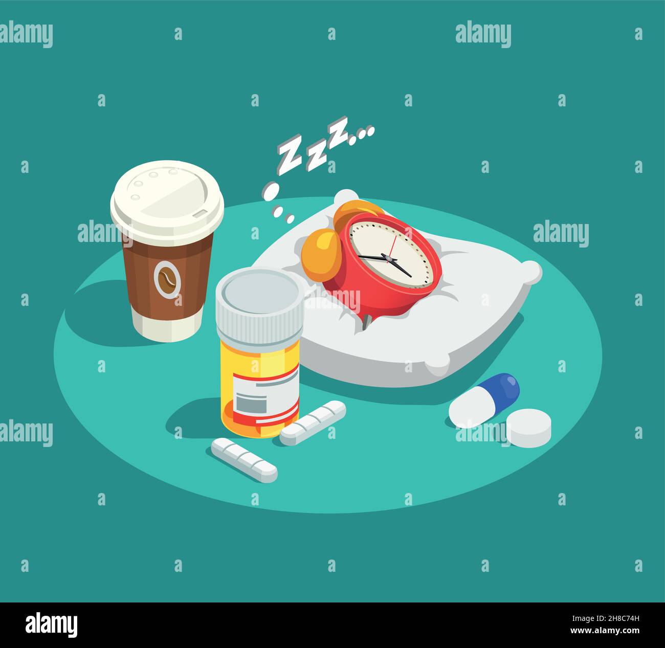 Hypnotics drugs isometric composition on turquoise background with alarm clock on white pillow, coffee, pills vector illustration Stock Vector