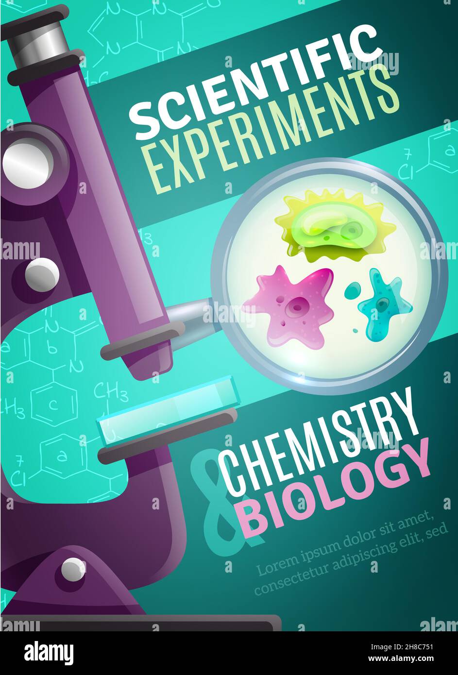 Scientific chemistry and biology experiments poster with unicellular organisms under magnifying glass of microscope images vector illustration Stock Vector