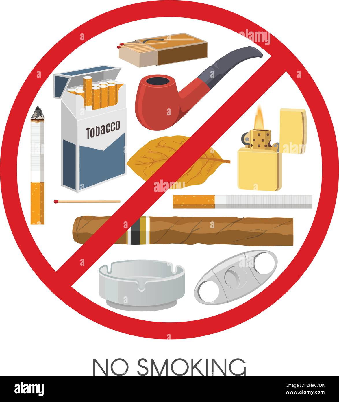 No smoking sign design with tobacco products and accessories inside red prohibitive symbol vector illustration Stock Vector