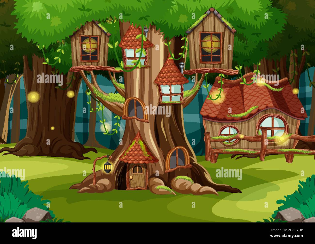 Fantasy tree house in the forest illustration Stock Vector Image & Art ...