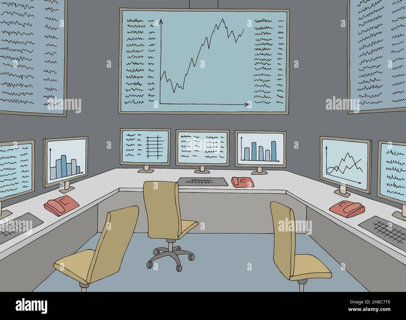 Stock exchange interior office graphic color interior sketch illustration vector Stock Vector
