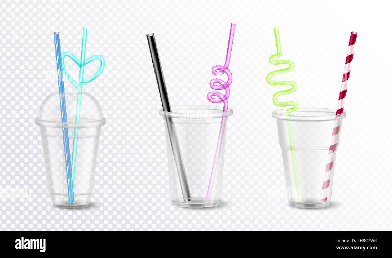 Three empty disposable plastic glasses with unusual colorful straws set isolated on transparent background realistic vector illustration Stock Vector